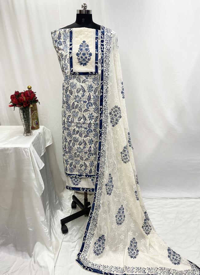 Khadi Cotton Blue Casual Wear Printed Dress Material